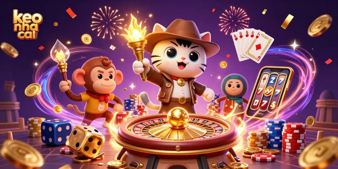 Engage with keo nha cai in an exciting 3D scene featuring vibrant casino elements and animated characters.