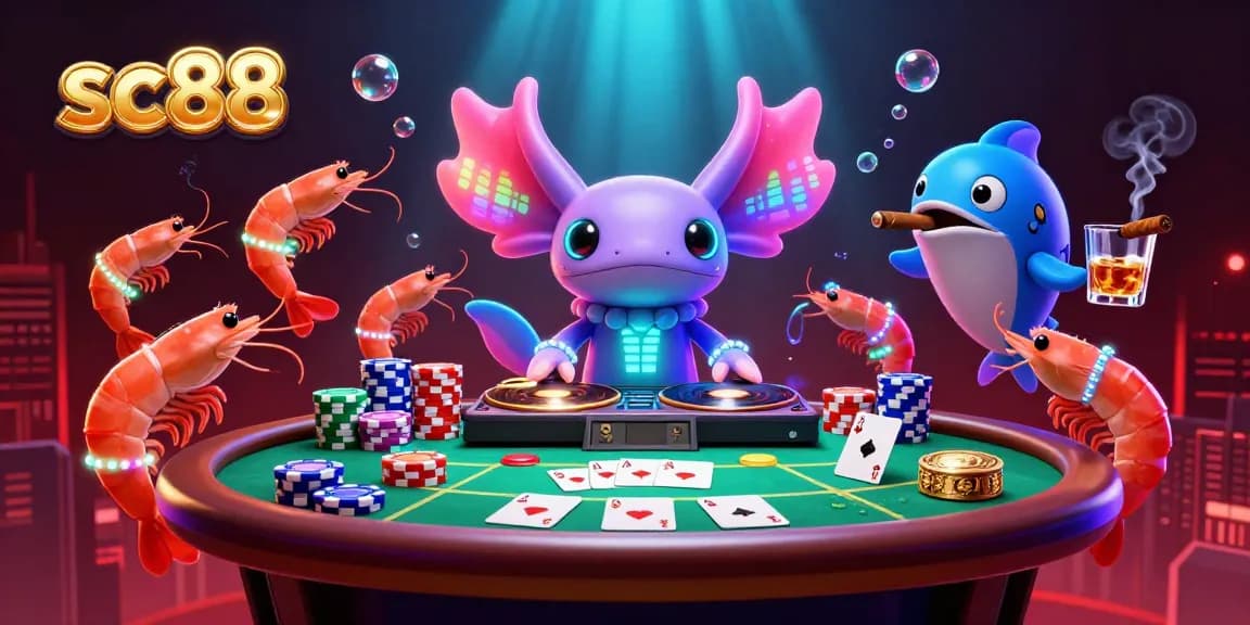 Experience the vibrant energy of sc88's casino scene with a neon axolotl DJ and dynamic poker elements.