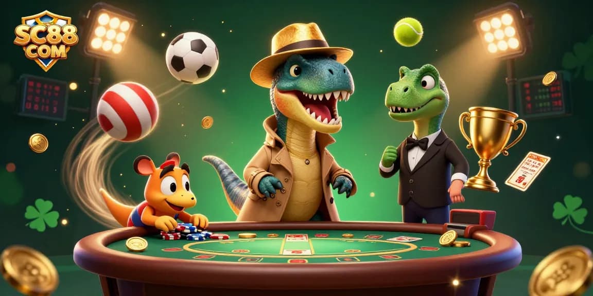 Engage with SC88 COM poker action as a velociraptor attempts stealthy card counting while a stegosaurus watches.