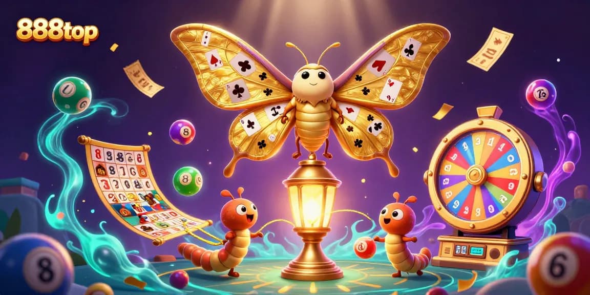 Experience the excitement of 888top with vibrant lottery elements and casino-themed illustrations.