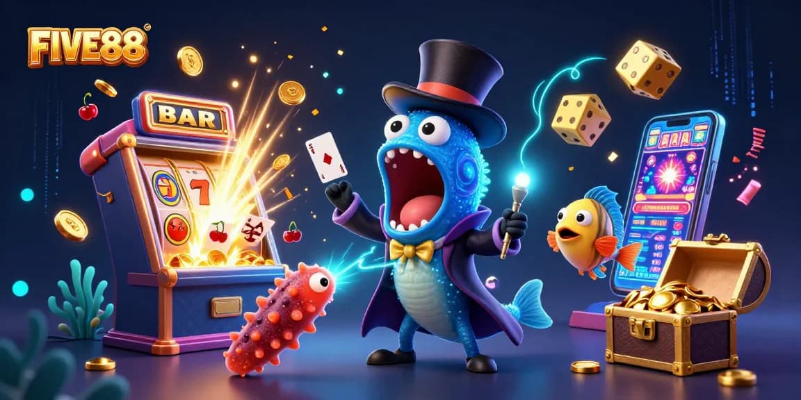Experience thrilling gameplay with FIVE88's vibrant casino scene showcasing exciting card tricks and a jackpot.