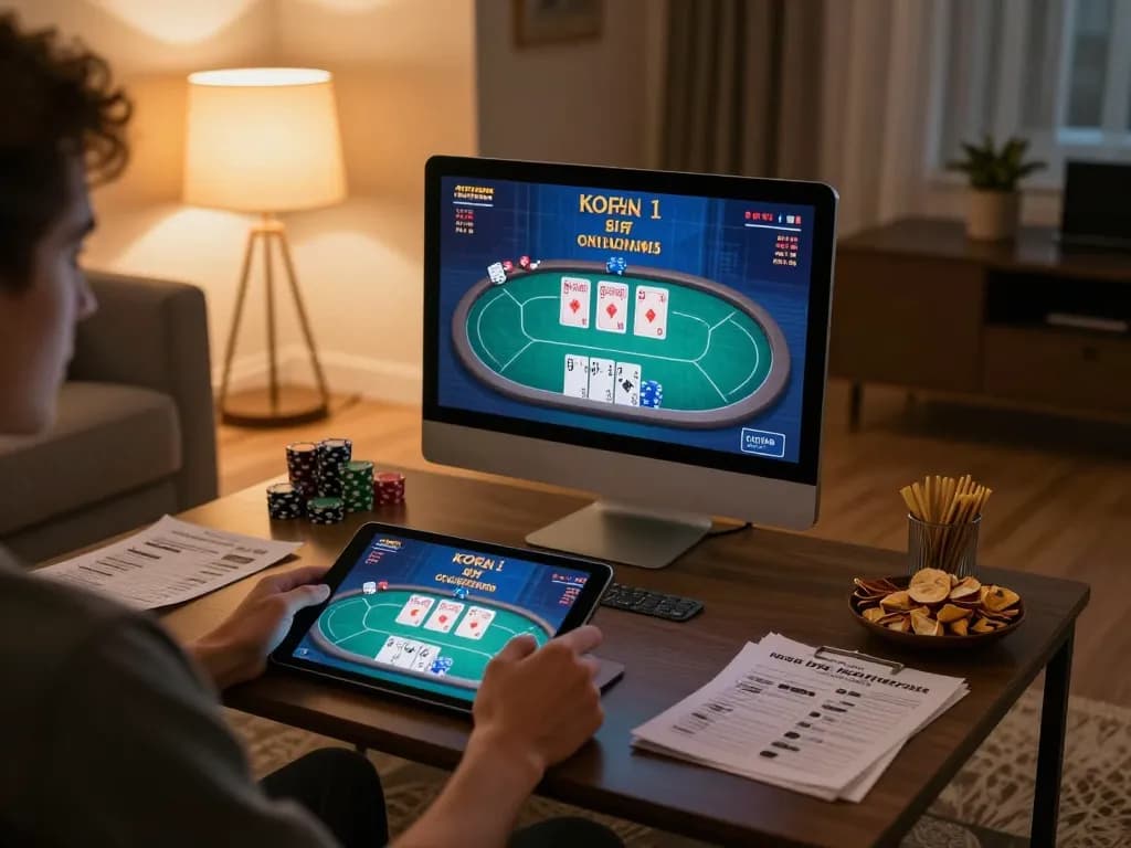 Người chơi tham gia thưởng thức trò chơi poker trực tuyến 12bet trên máy tính bảng trong không gian sống phong cách
