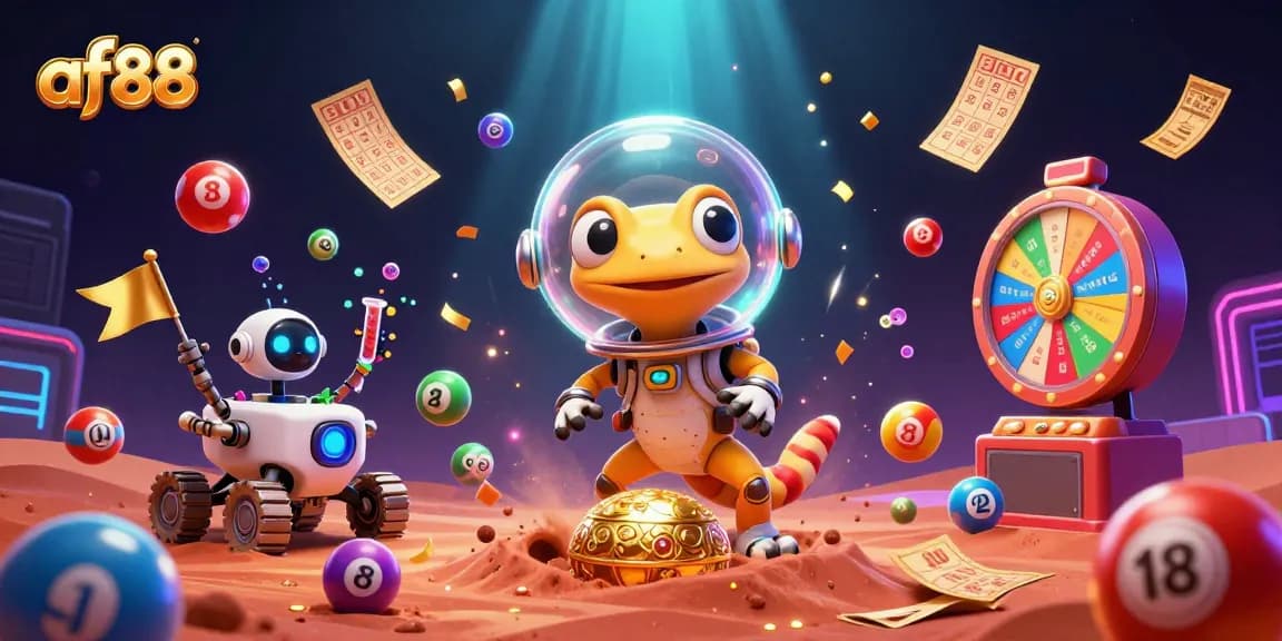 Experience the excitement of winning with af88, featuring a Martian gecko discovering a golden casino in a dynamic 3D scene.