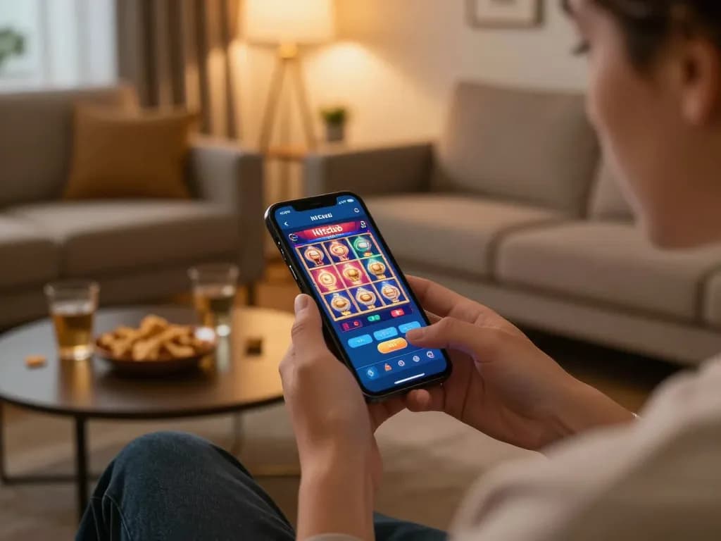 Engaging in mobile gambling with Hitclub app displaying colorful gaming screen in a cozy living room.
