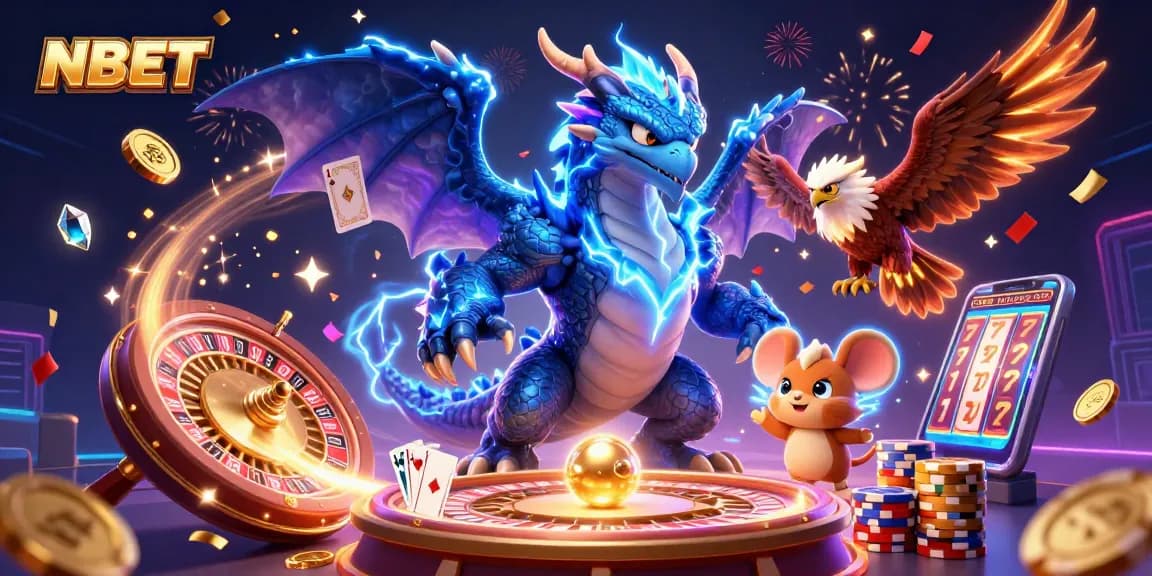 Experience thrilling wins at NBET with a vibrant casino scene featuring dynamic characters and gaming elements.