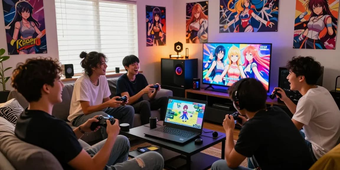 Group of gamers enjoying a hentai game in a cozy living room, showcasing excitement and community.