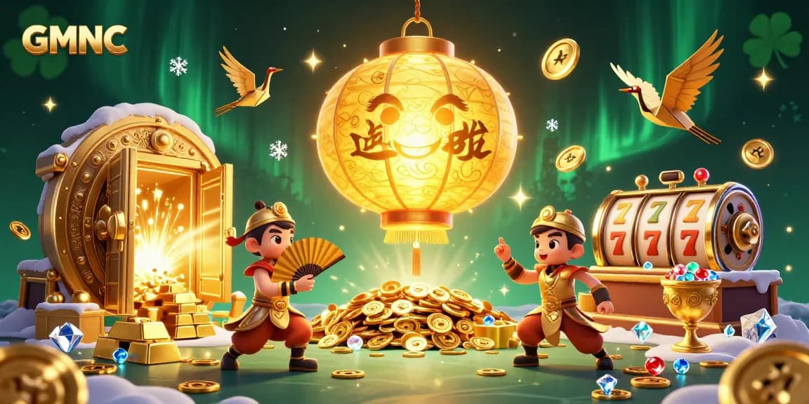 Win big with GMNC at an exciting casino night featuring golden treasures and dynamic slot elements.