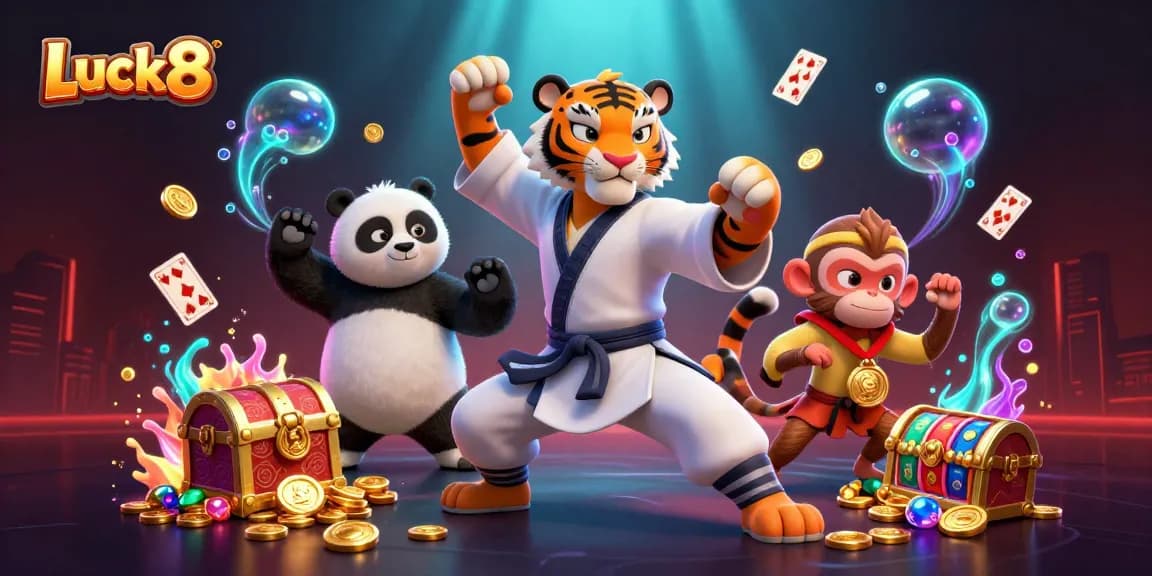 Luck8 showcases a kung fu tiger and friends amidst vibrant casino elements, enhancing your gaming experience.