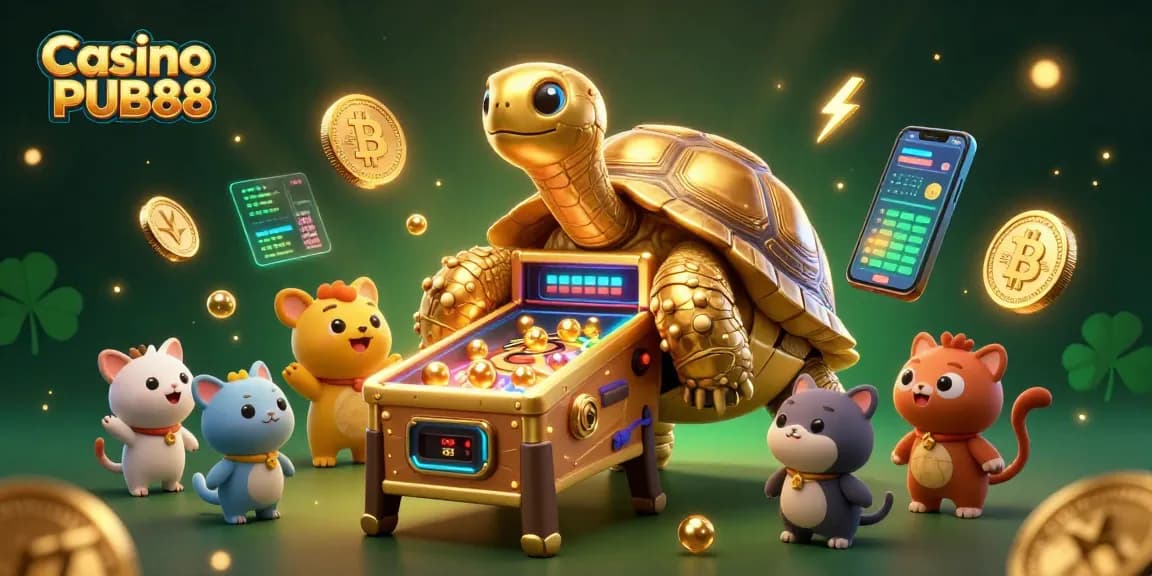 Experience thrilling gameplay at Casino PUB88 with golden tortoise and vibrant crypto elements.
