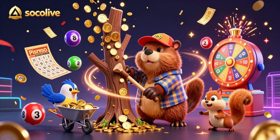 Socolive offers an entertaining cartoon scene of a beaver, bird, and squirrel celebrating with lottery elements and golden coins falling.