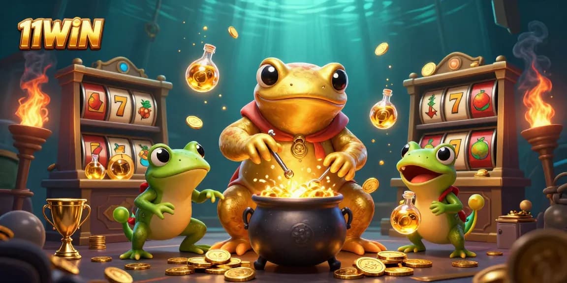 Experience 11WIN's thrilling slot adventure with golden symbols and excited characters!