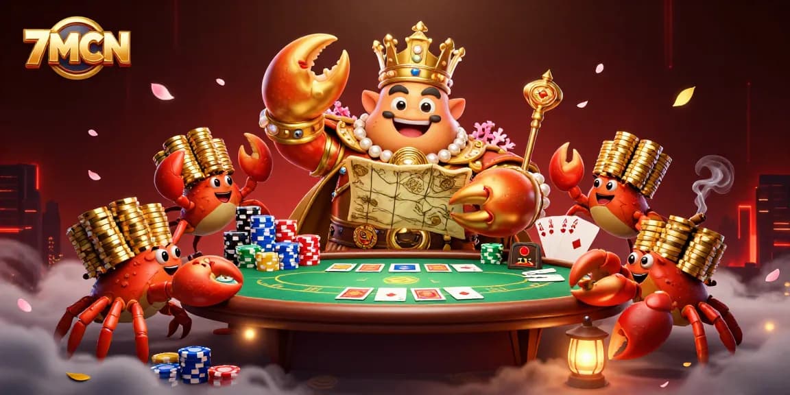 7MCN illustrates dynamic gambling scene with a golden crab emperor and poker elements.