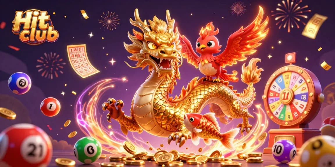 Engage with exciting gaming elements at Hit club featuring a dragon, phoenix, and koi amidst vibrant lottery motifs.