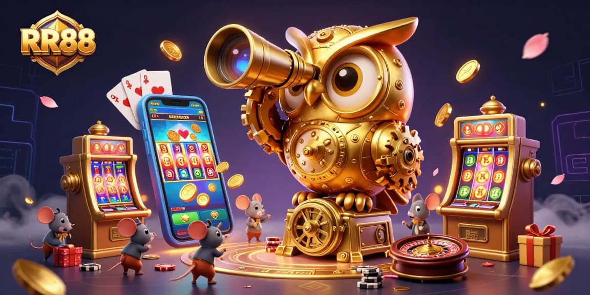 Experience the thrill of RR88 with a dynamic casino scene filled with game excitement and vibrant characters.