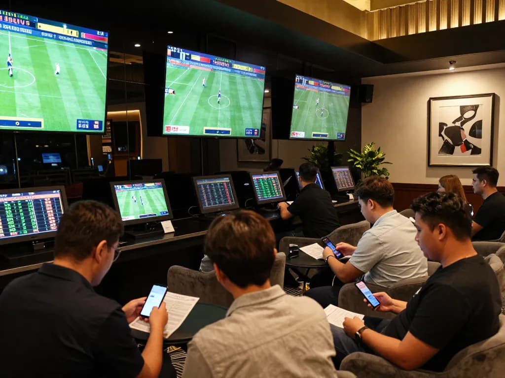 Betting enthusiasts engaged in live sports betting at LC88, analyzing odds.