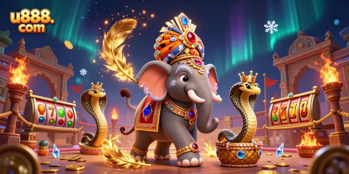 Experience excitement with u888. com's captivating casino scene featuring a regal maharaja, elephant, and rich game elements.