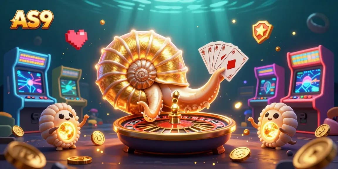 Experience the thrilling gameplay of AS9 with a giant nautilus roulette wheel and glowing gaming elements.