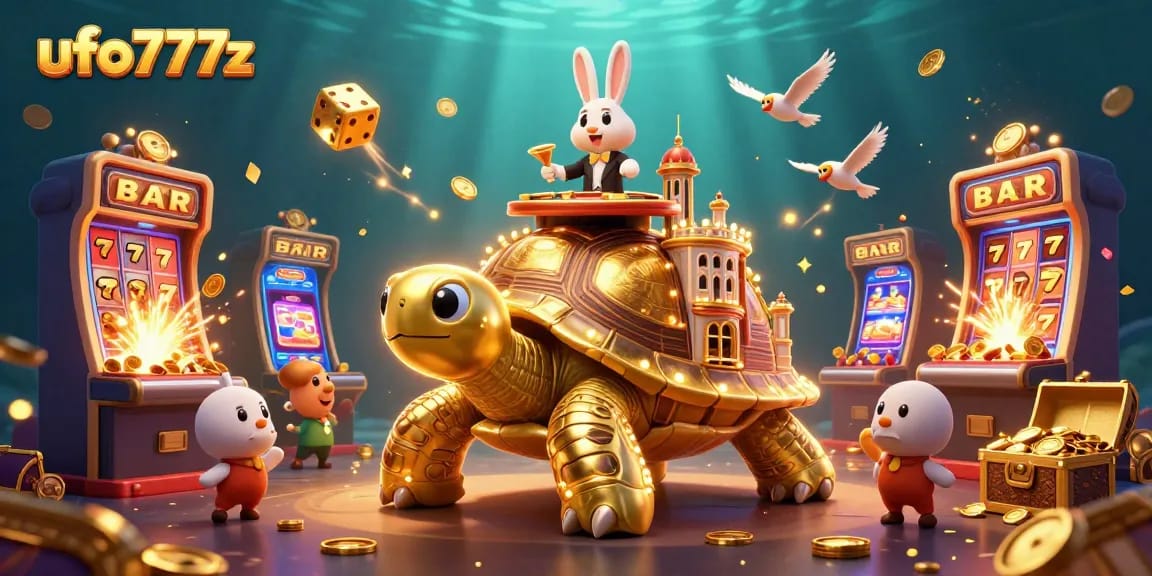 Win big on ufo777z with vibrant golden tortoise casino illustration full of action!