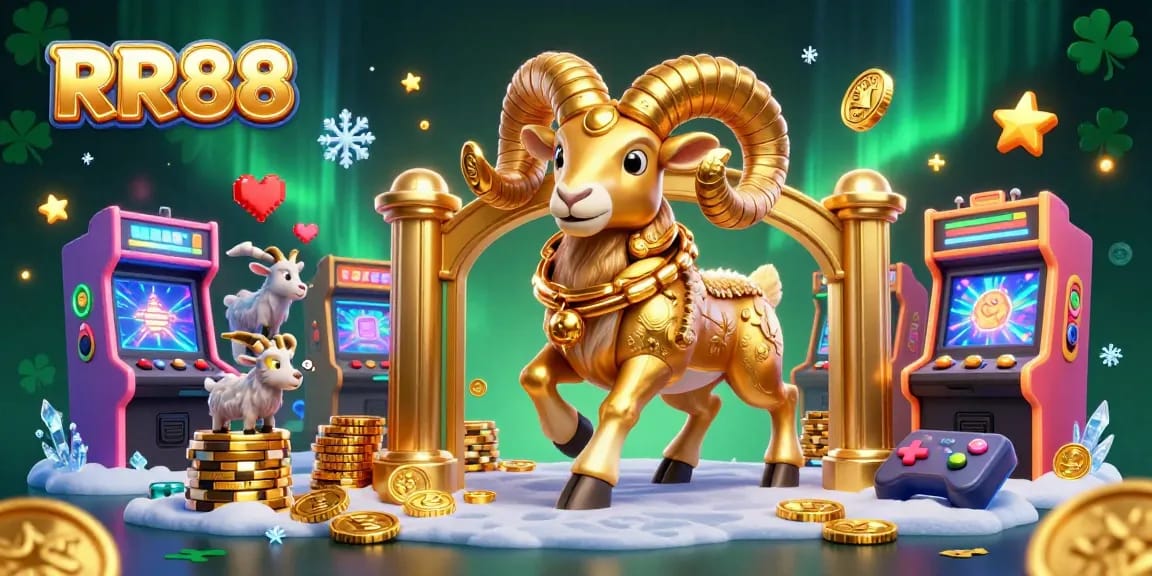 Experience thrilling gaming action at RR88 with a vibrant 3D illustration showcasing a golden ram charging through an arcade casino.
