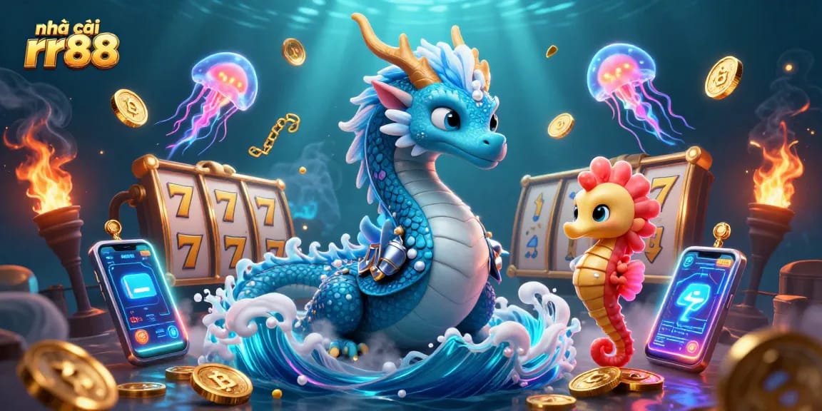 Engage with nhà cái rr88 through vibrant slot games featuring a majestic dragon and playful seahorse.