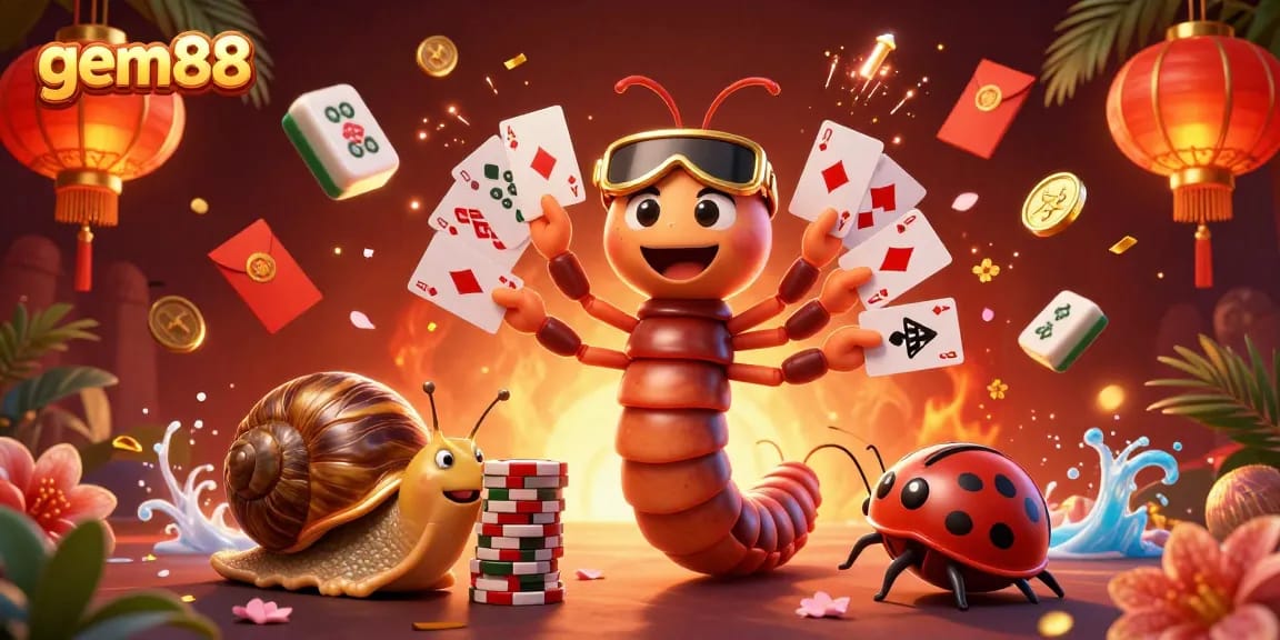 Spin to win with gem88 by a whimsical millipede dealer at a vibrant casino table.