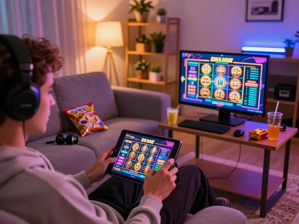 Engaging user plays slot games at home through the go8 casino app, showcasing a comfortable gaming environment.