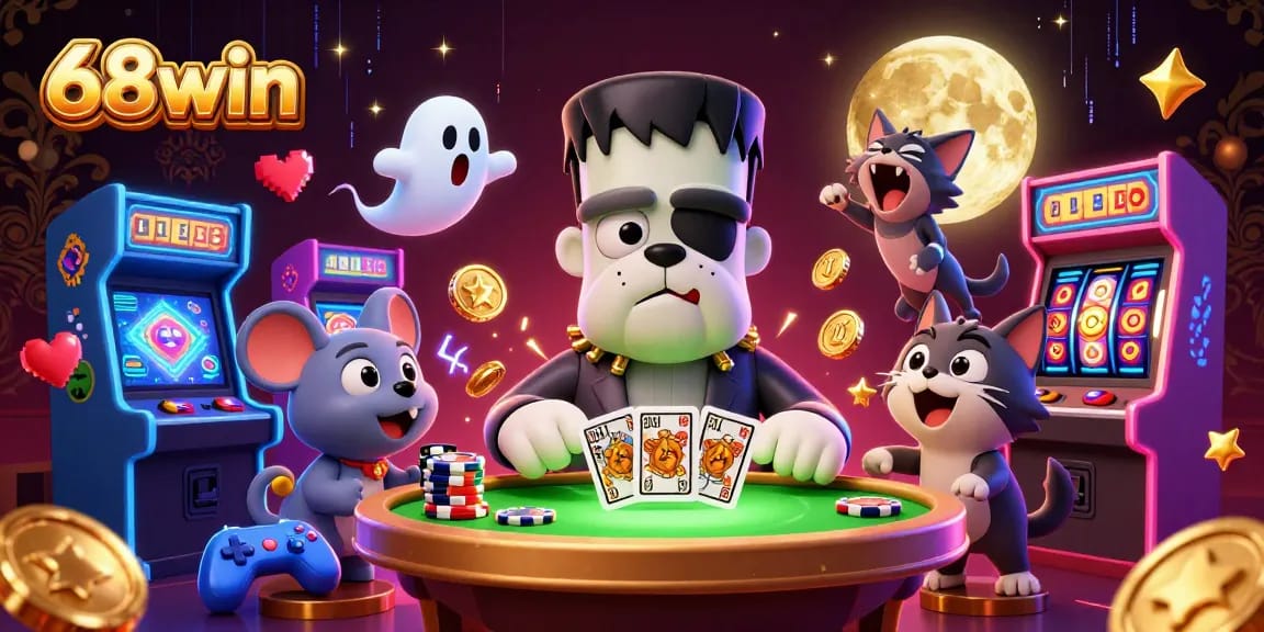 68win players engage with Frankenstein bulldog dealer in a vibrant casino scene filled with colorful games.