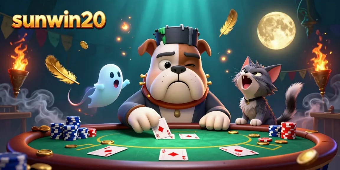 Experience intense poker action with sunwin20 as a monster bulldog deals cards, surrounded by casino elements.