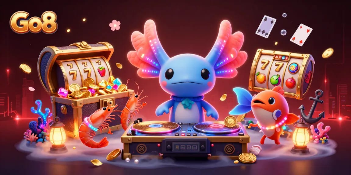 Experience exciting gameplay with Go8 while immersed in a vibrant 3D digital casino illustration.