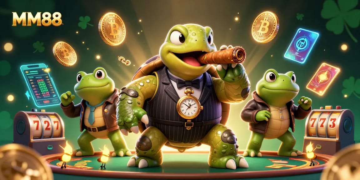 Join MM88 for a thrilling slots experience with a cartoon turtle and frog enforcers in a vibrant casino scene.