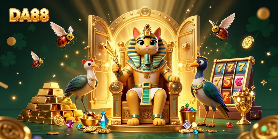 Spin the reels and win big with DA88 in this vibrant Egyptian-themed casino illustration.