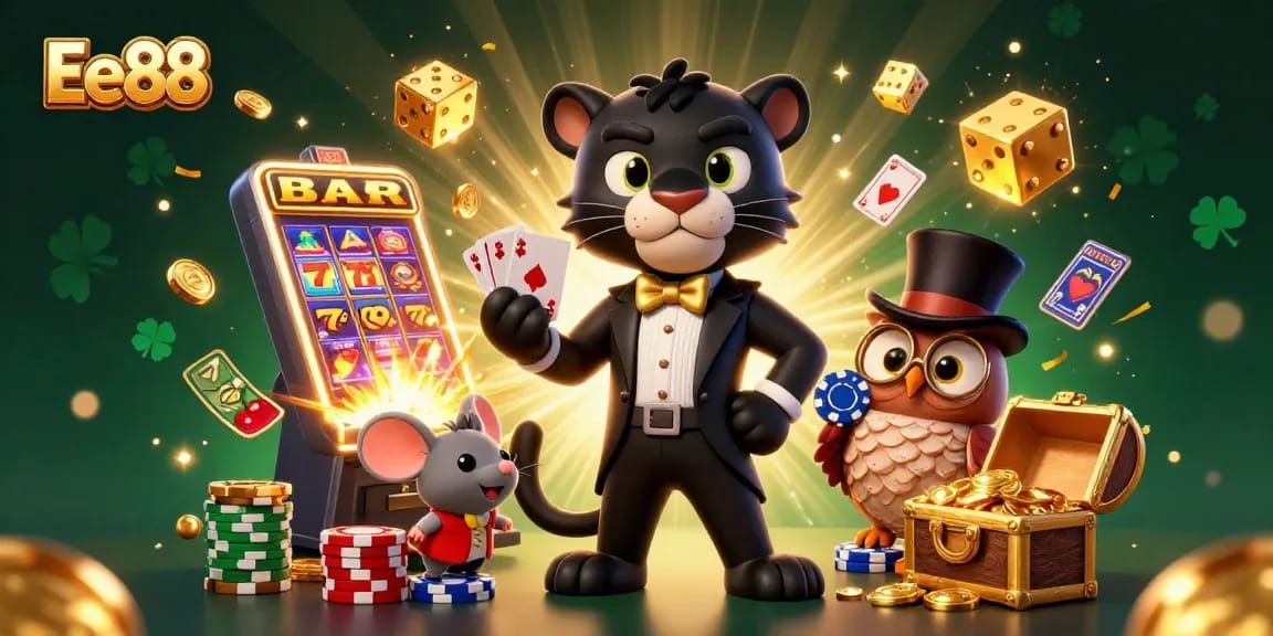 Engage with Ee88's thrilling casino experience featuring a panther dealer and vibrant game elements.