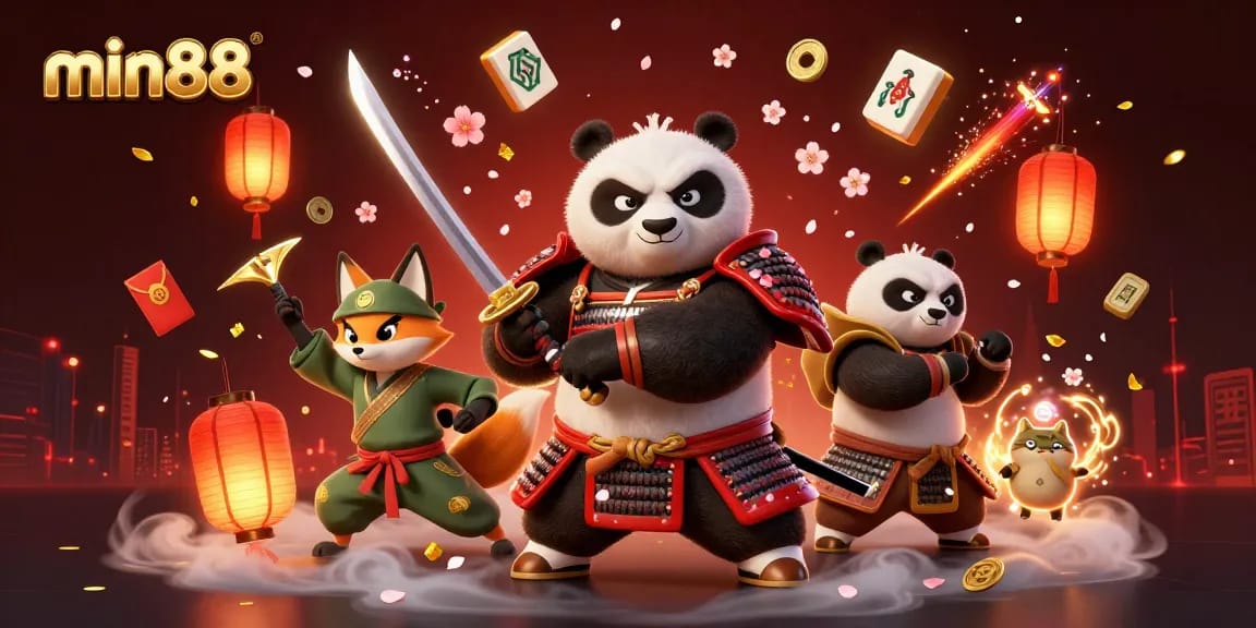 Experience thrilling gaming with min88 as a samurai panda and ninja fox in a vibrant casino scene.