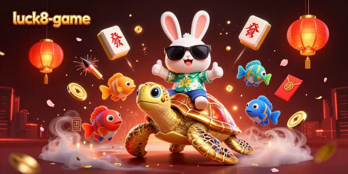 Win big with luck8-game, featuring a lucky rabbit and gold turtle surrounded by festive casino elements.