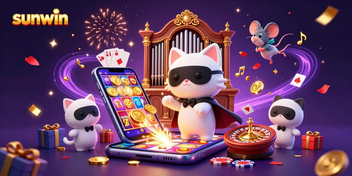 Spin to win with sunwin as the dazzling casino cat plays at the organ amidst festive gaming elements.