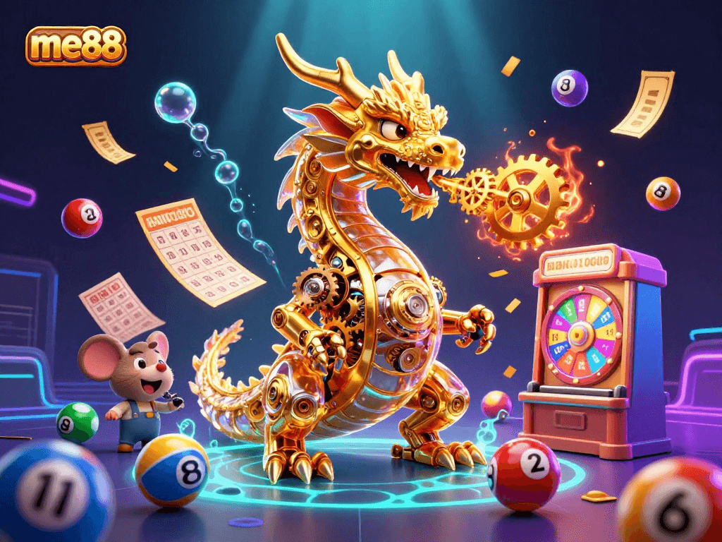 Engage in thrilling games at me88, featuring a golden dragon and exciting casino elements in a vibrant scene.