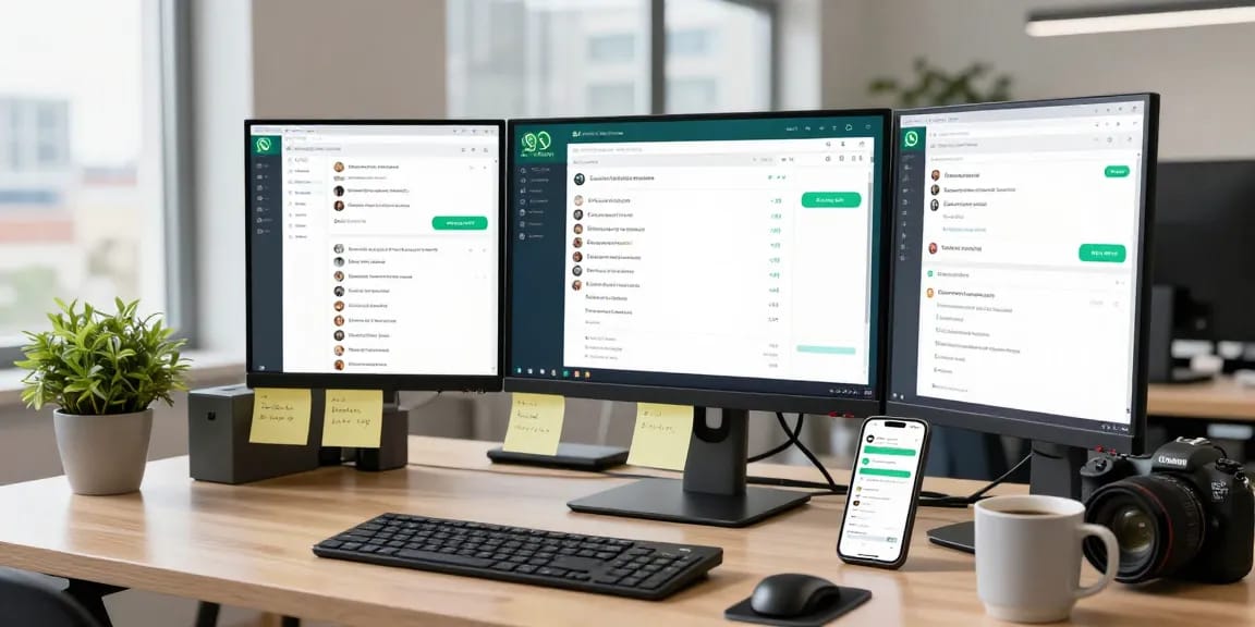 Engaged user utilizing WhatsApp網頁版 on desktop with vibrant chat windows and smartphone integration.