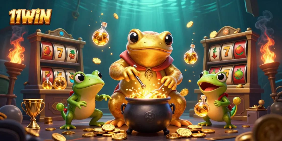 Experience 11WIN's thrilling slot adventure with golden symbols and excited characters!