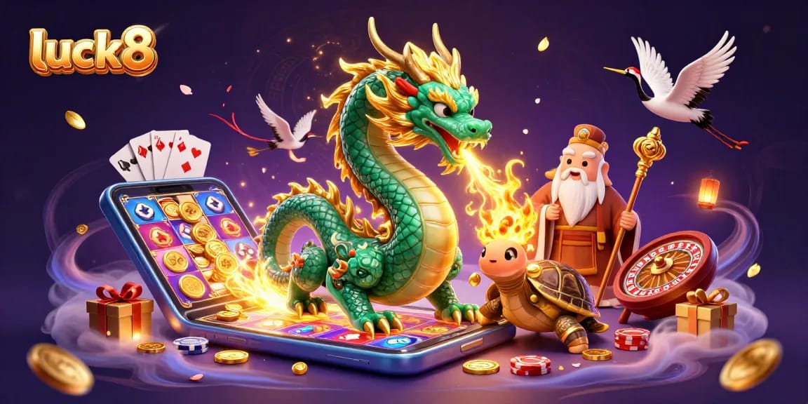 Luck8's emerald dragon ignites excitement in a vibrant 3D casino atmosphere.