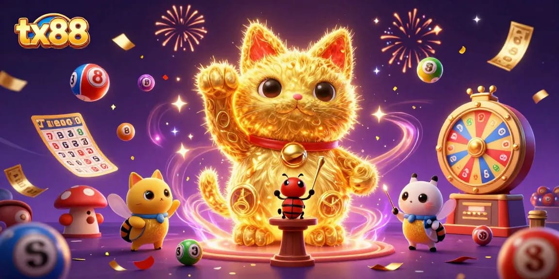 Engage with tx88's dazzling casino features through a vibrant golden lucky cat illustration and dynamic elements.