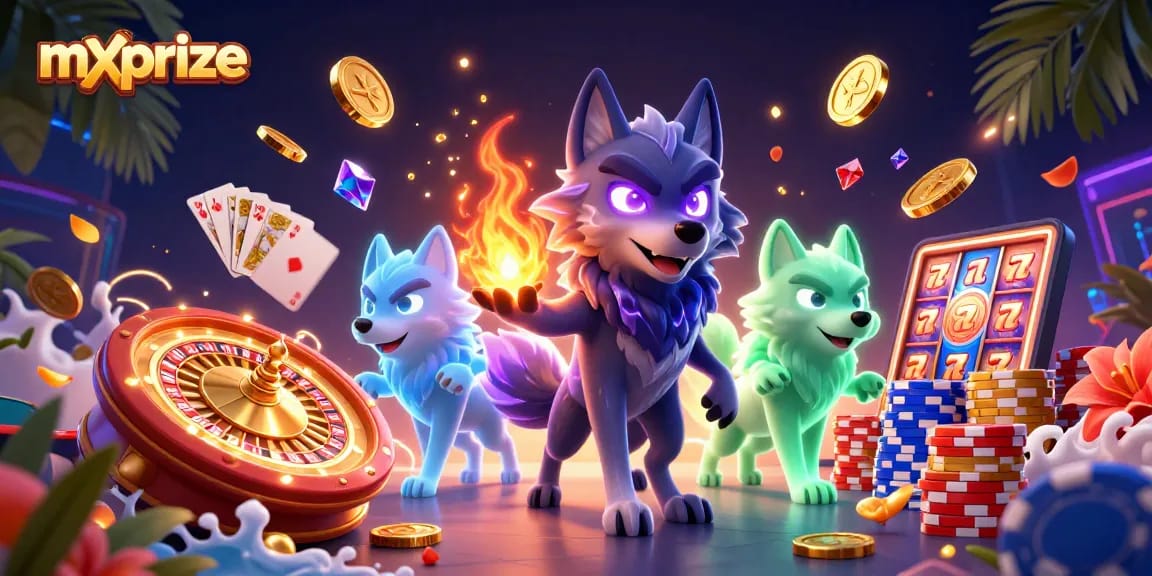 Win big with mxprize at a vibrant 3D casino scene featuring dynamic game elements.