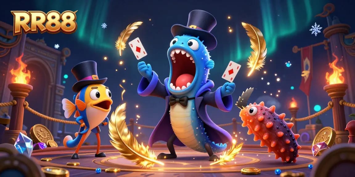 Place bets with RR88 in a vibrant casino scene featuring captivating underwater characters showcasing their magic skills.