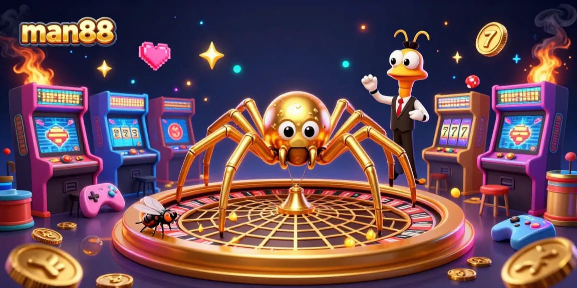 Experience thrilling bets at man88 with a golden spider and centipede croupier in a vibrant casino scene.