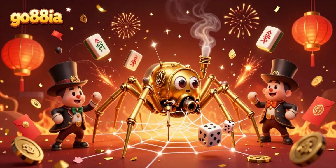 Engage with go88ia's immersive gaming experience, featuring a steampunk spider and vivid casino-themed elements.