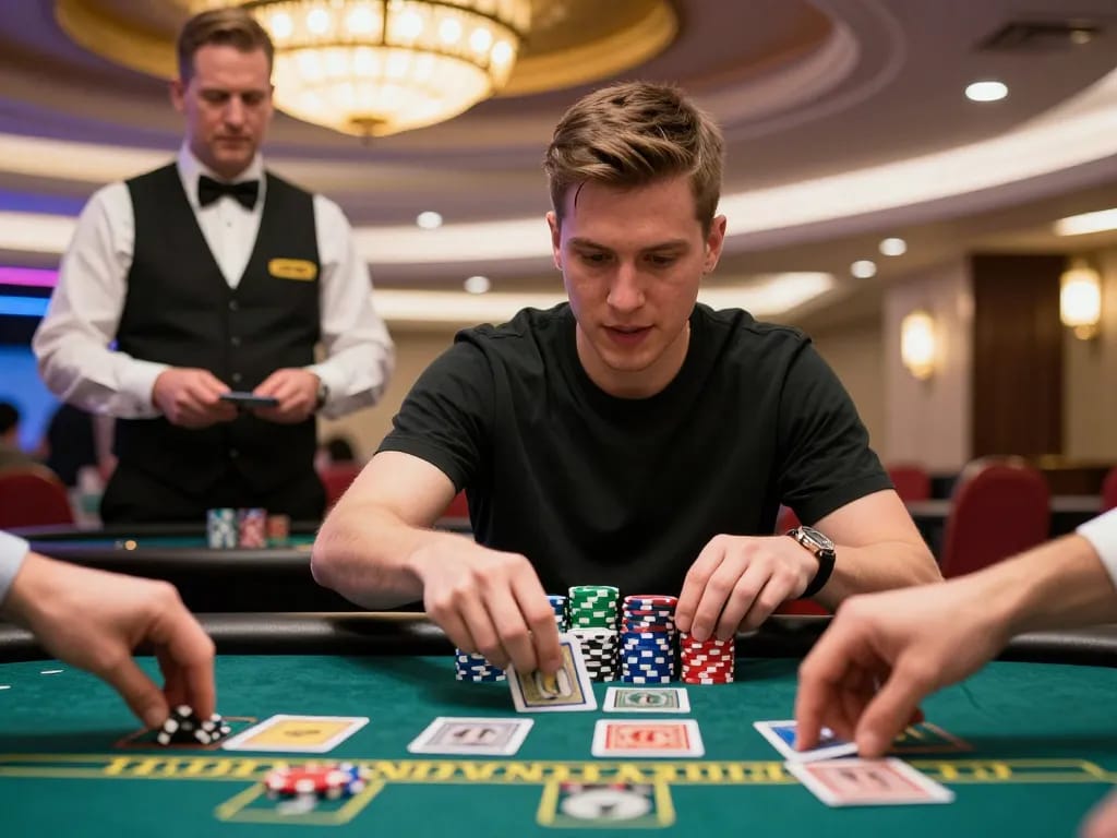 68win player focused on a winning hand at a blackjack table in vibrant casino atmosphere