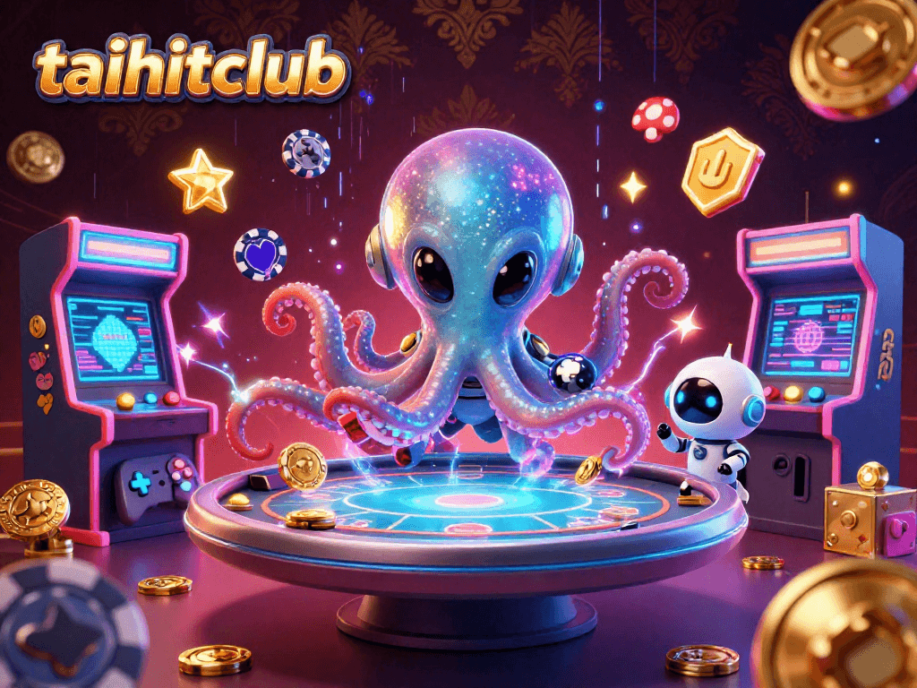 Experience gaming thrills at taihitclub with an alien octopus dealer, poker table, and vibrant arcade elements.