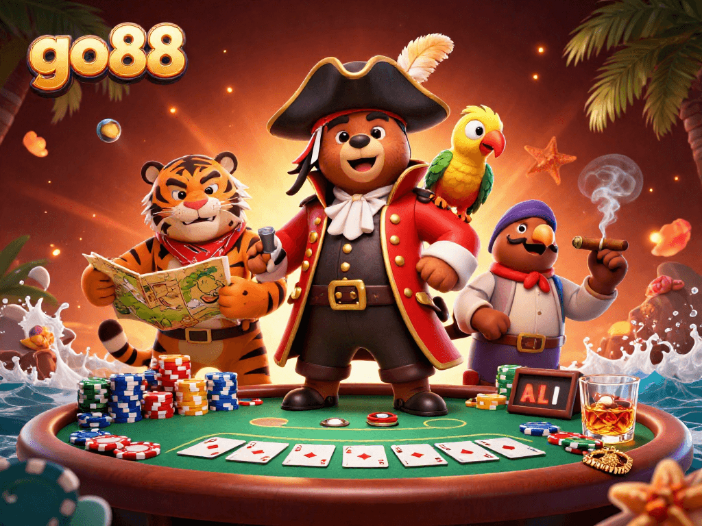 Engage with go88's thrilling poker scene featuring a bear captain and a tiger mate in a vibrant casino.