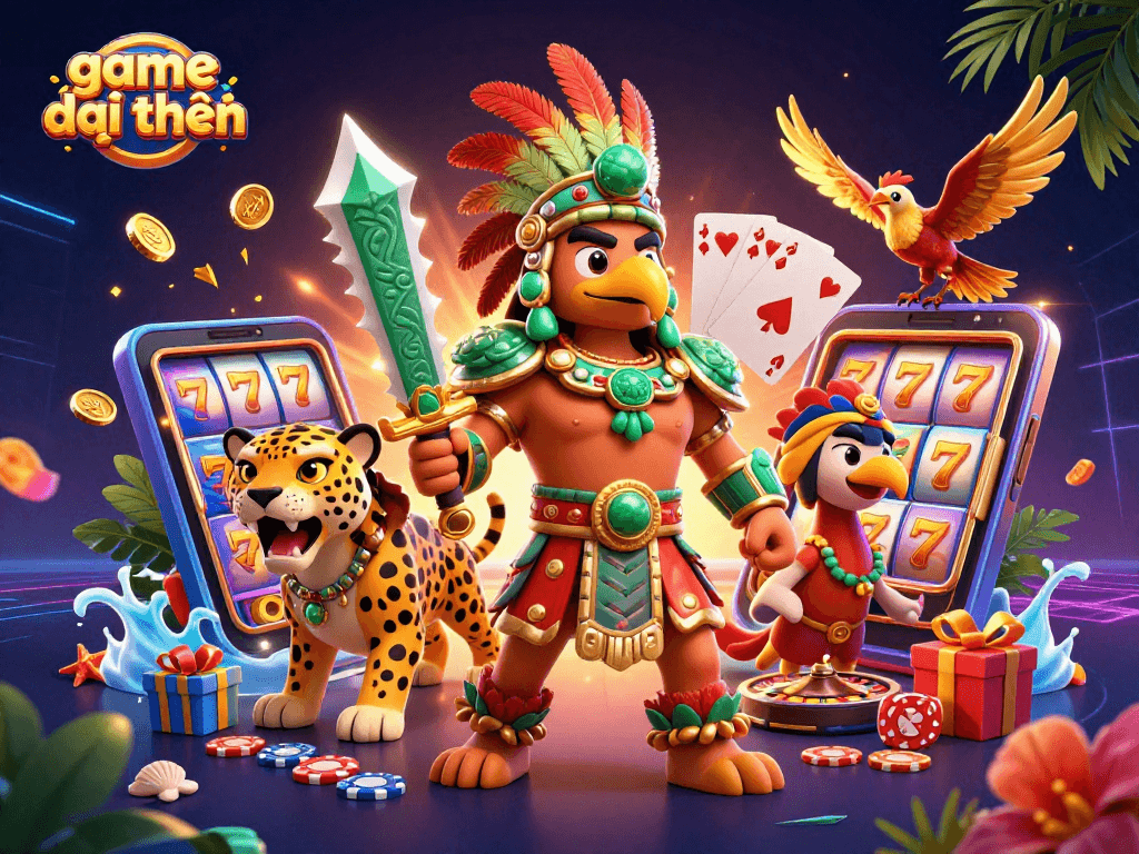 Experience thrilling game đổi thưởng action with Aztec warriors and vibrant slot games in a stunning 3D illustration.