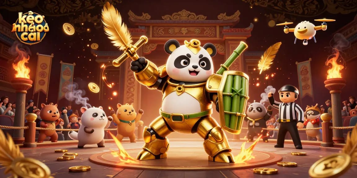 Engage with kèo nhà cái in an exciting 3D arena featuring a golden panda robot and thrilling betting action.