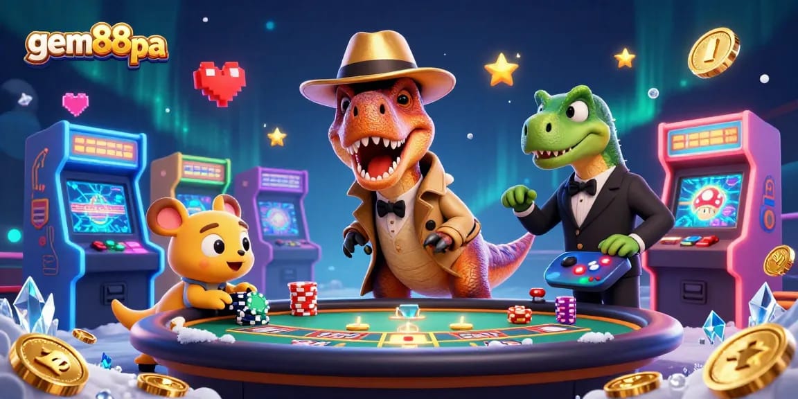 Experience the thrill of gem88pa with a thrilling velociraptor at the blackjack table, amidst captivating casino elements.